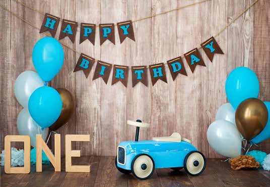1st happy Birthday Retro Car Blue Brown Wooden Backdrop Photography