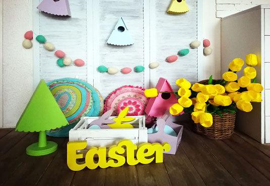 Easter flower bird house rabbit background