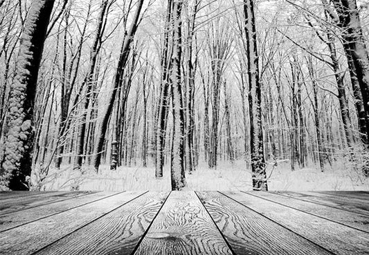 Winter White Snow Forest Photography Backdrop Wood Floor Background