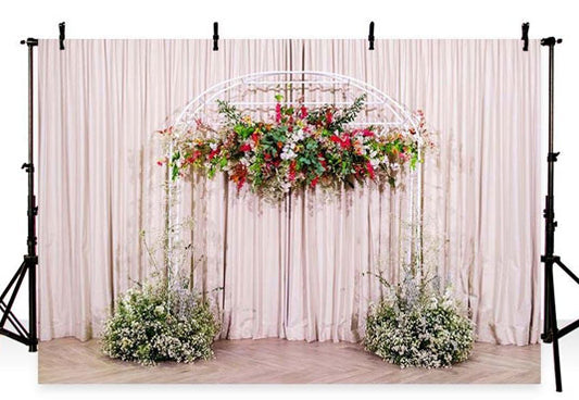 Wedding Bridal Shower Pink Curtain Green Grass Backdrop for Ceremony Party Photography