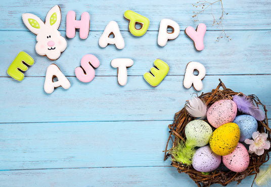 Blue Wood Happy Easter Colorful Eggs Photography Backdrops
