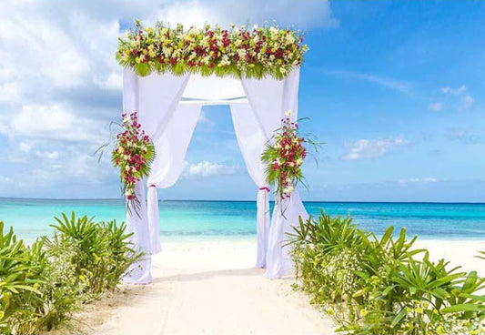 Wedding Blue Sea Green Grass White Curtain Floral Decoration Backdrop for Seaside Party Photography