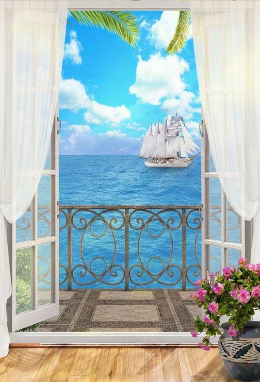 White Curtain Door Backdrop Sea View Photography Background
