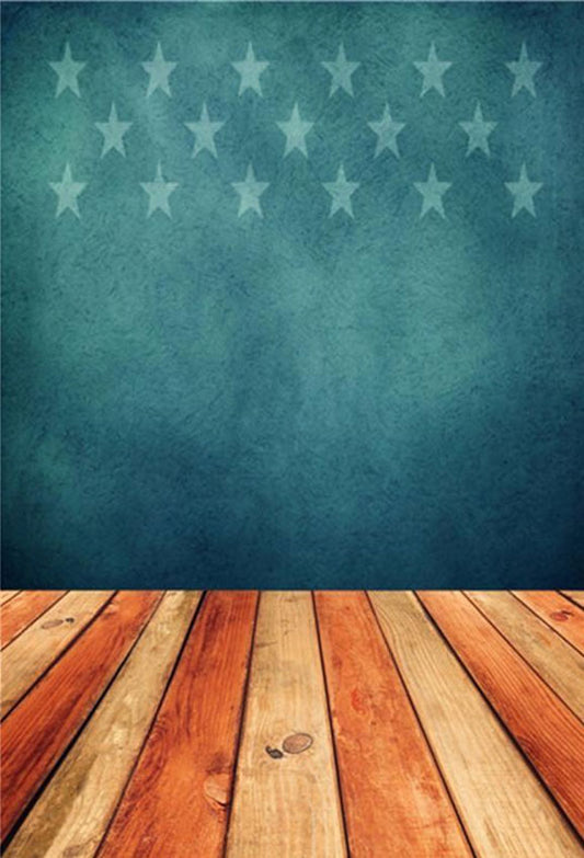 Wood Floor Blue Wall Star Independence Day Backdrops
