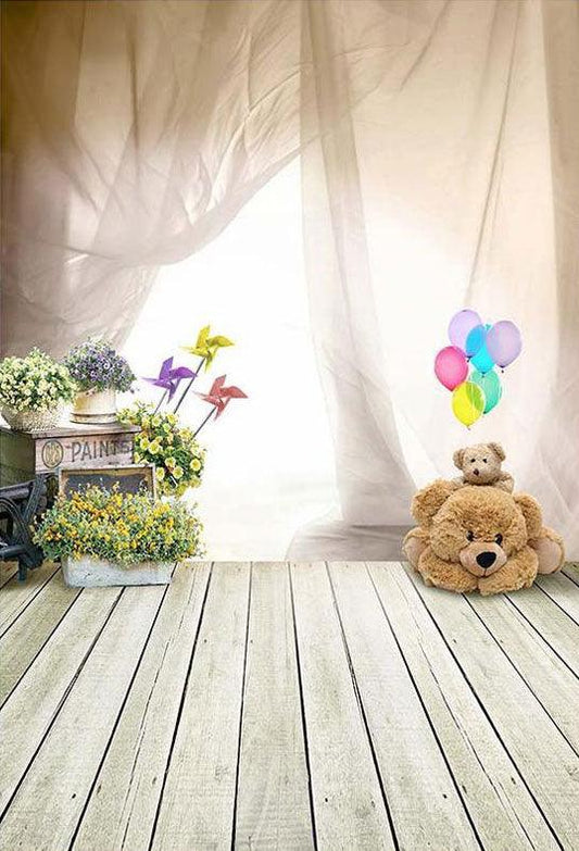 Wood White Wall With Party Flags And Flowers Baby Backdrop