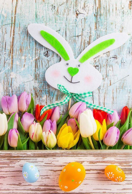 Beautiful Colorful Flower and Rabbit Before Wood Wall For Easter Festival Photograph