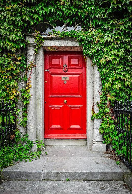 Red Door Surrounded By Green Leaves Wall Backdrop For Photography