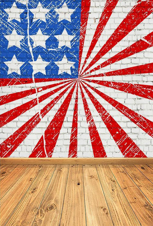 Independence Day American Flag Wall With Brown Wood Floor Backdrop For Photography