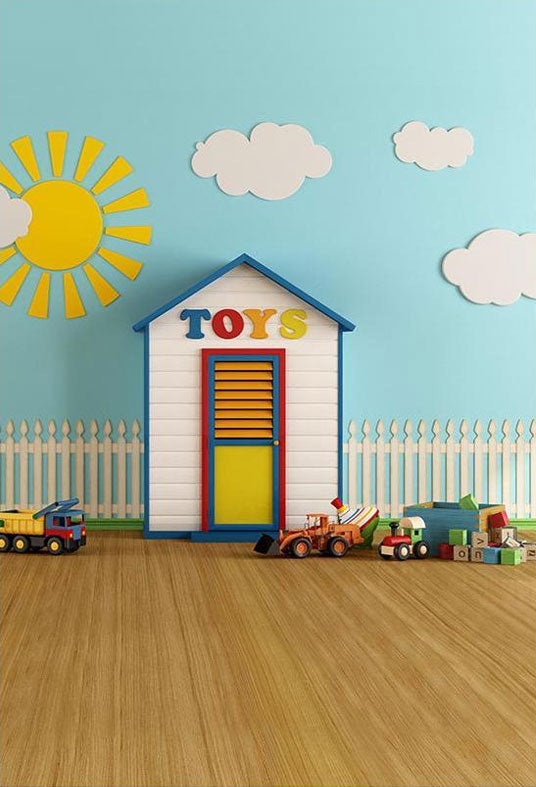 Toys White Clouds and Sun Blue Background Wall Wood Floor Backdrop For Photography
