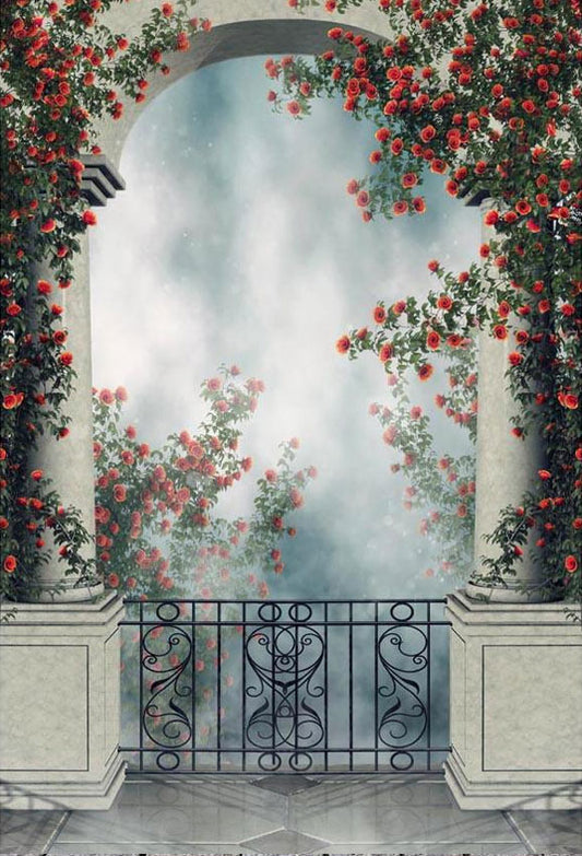 Stone Door With Red Flowers Backdrop Wonderland Photography Background
