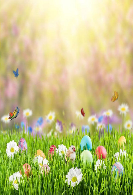 Printed Colorful Easter Eggs On The Grass In The Sunshine Backdrop  For Photography
