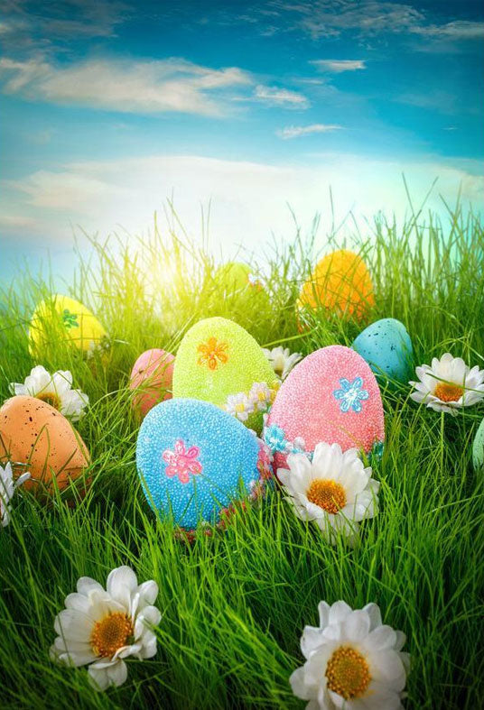 Colorful Easter Eggs Among The Flowers For Holiday Photograph Backdrop
