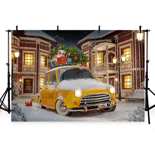 Winter Snow Old Yellow Car Christmas Backdrop