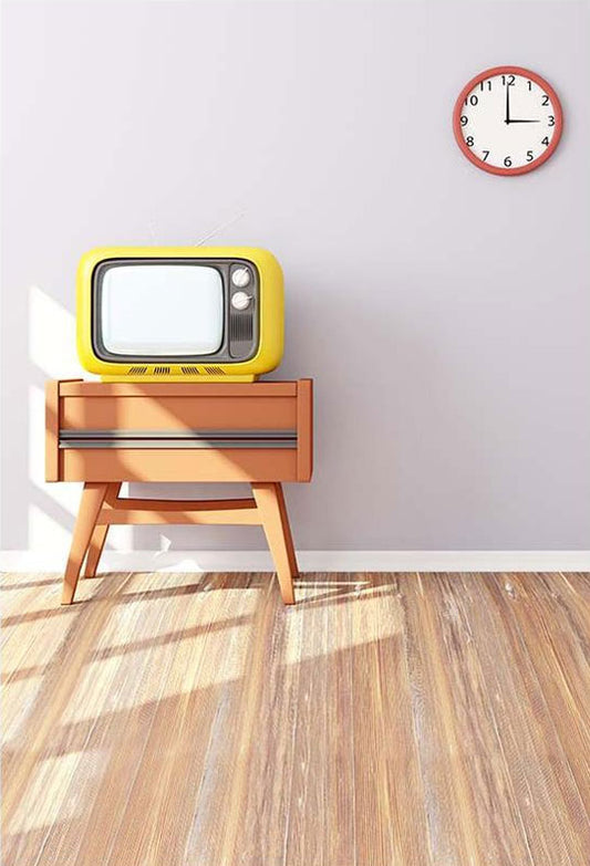 Yellow TV And Watch Background Wood Floor Backdrop for Photography
