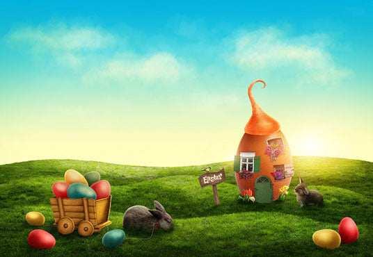Blue Sky Green Grass Happy Easter Backdrops for Spring