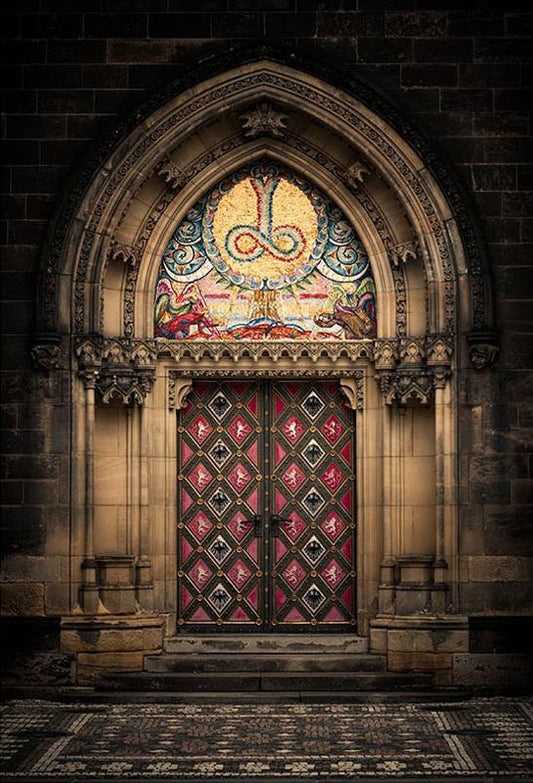 Retro Castle Arch Old Red  Door With Gothic Wall Backdrop For Photography