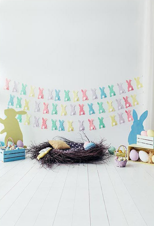 Easter Eggs Colorful Rabbits Backdrops Wood Floor Photography Background