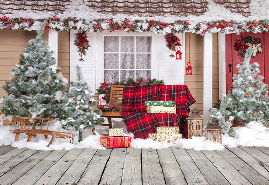 Wood Floor Winter Snow Christmas Backdrop