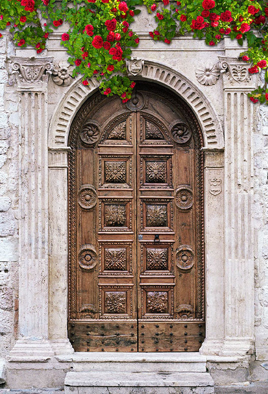 Stone House Wood Door Flower Tree Photography Backdrops