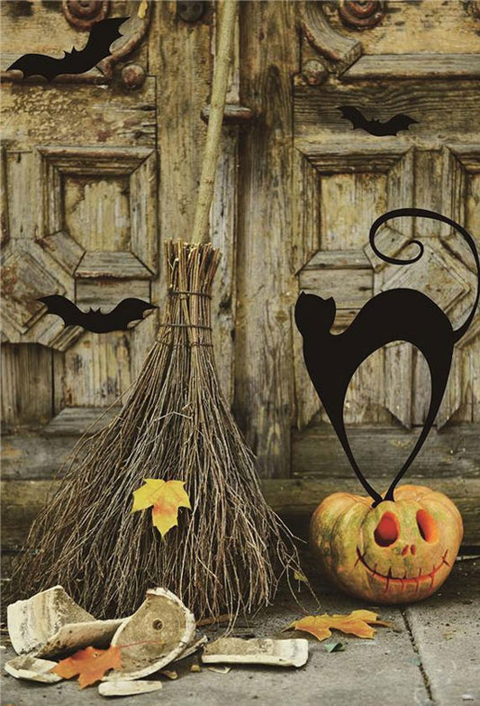 Wooden Halloween Backdrop Black Cat Broom Photography Prop