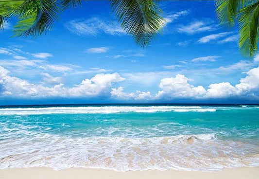 Blue Sky Ocean Coconut Leaves Backdrop Beautiful Seaside Scenery Background