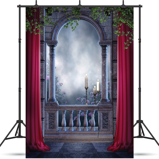 Vintage Balcony With Red Curtains Photography Backdrop SBH0255