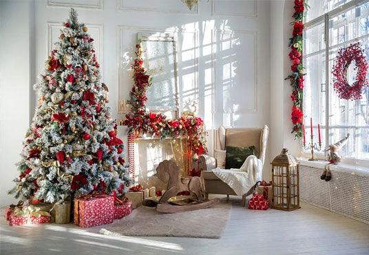 Red Flowers Christmas White Wood Floor Backdrops for Picture