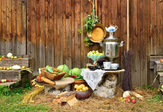Wood Barn Harvest Vegetables Fruit Straw Photo Backdrop for Photos