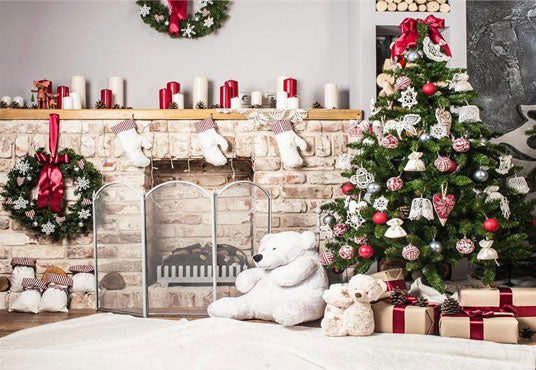 Brick Fireplace Bear Christmas Backdrops