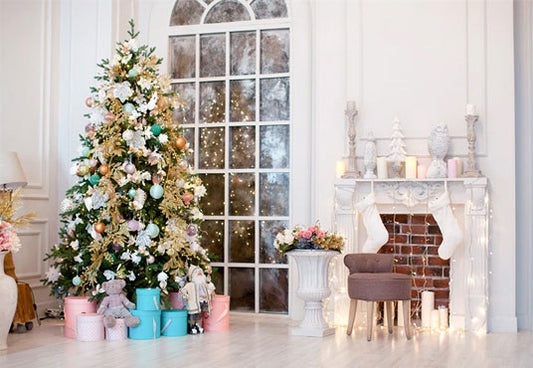 White Fireplace Colorful Christmas Tree Wood Floor Backdrops for Photos