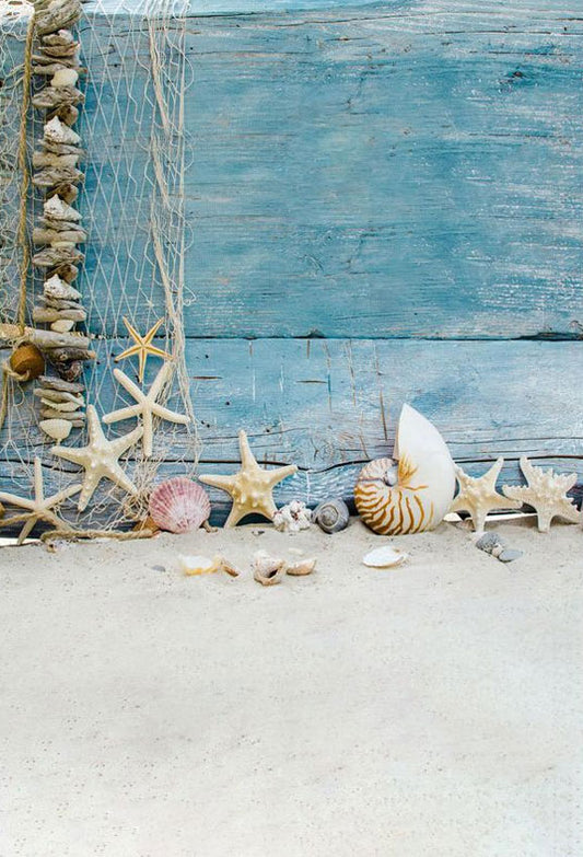 Starfish And Shellfish Before Blue Wood Floor For Summer Seaside Backdrops