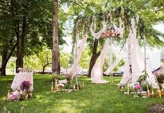 Wedding Green Grass and Leaves Flowing Lace Curtain with Flowers Backdrop for Photo Photography