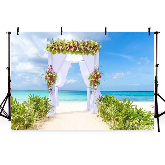 Blue Sea Green Grass White Curtain Floral Decoration Backdrop for Seaside Party Photography