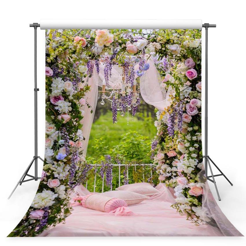 Pink bed Floral Decorations Curtain Photo Backdrop for Spring Season Photography