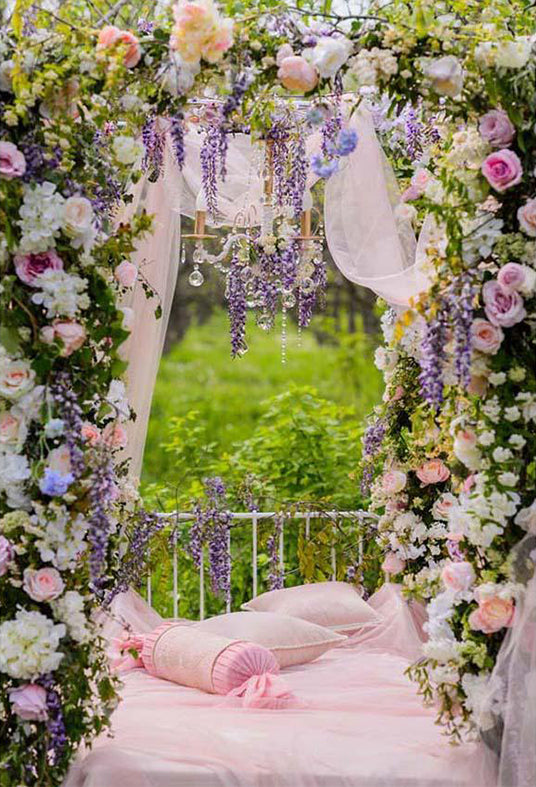 Pink Bed Floral Decorations Curtain Photo Backdrop for Spring Season Photography