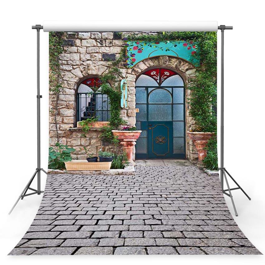 Stone House Green Leaves Arch Door Outdoor Decors Backdrop For Photography