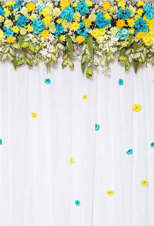 Yellow and Blue Flowers Green leaves White Curtain Backdrop for Photography Background
