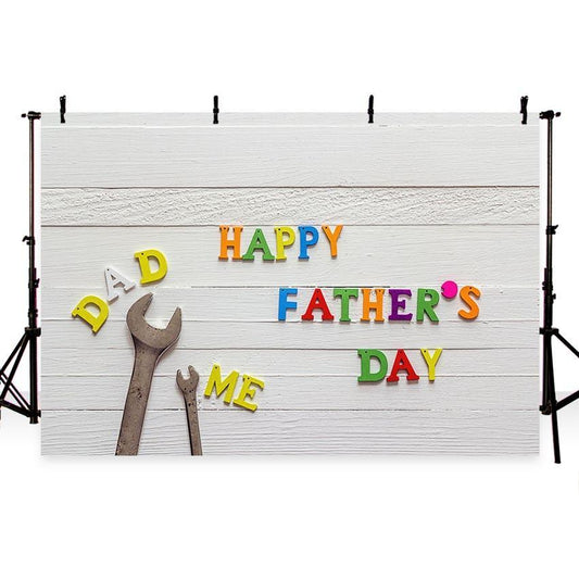 Happy Father's Day Background White Wood Floor Wrench Photography Background