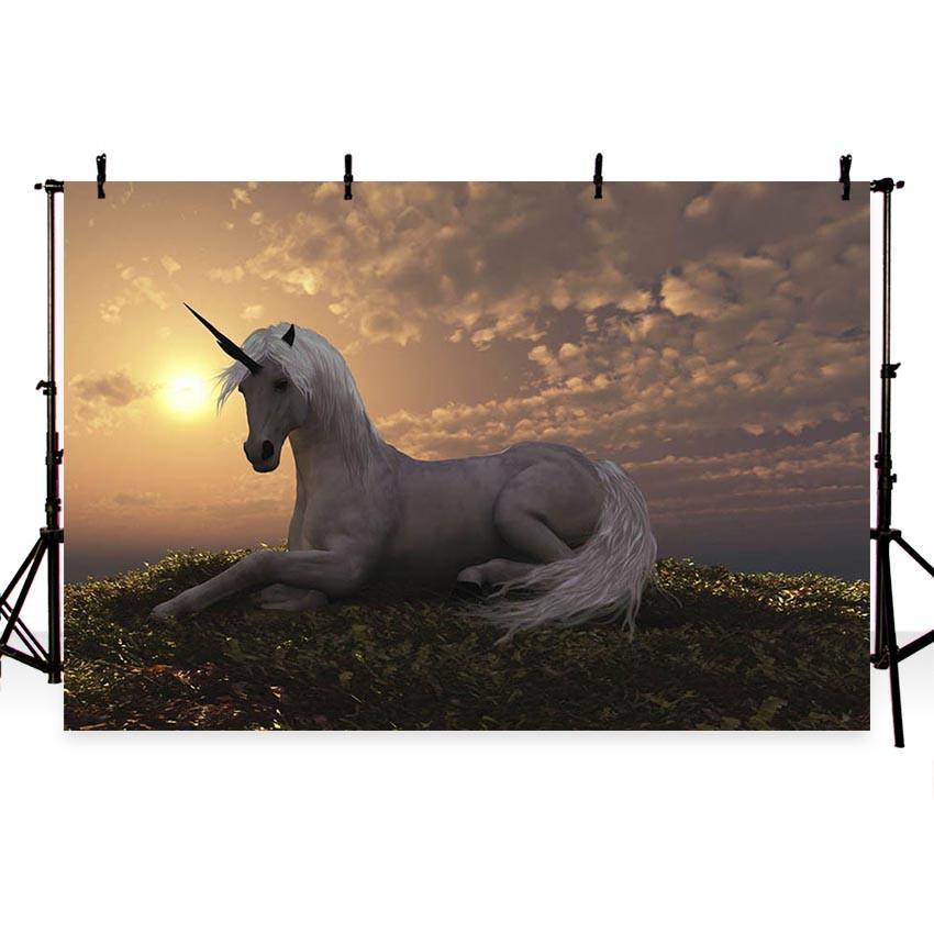 Sunset White Laying Unicorn Photo Backdrop Fable Fantasy Photography Background