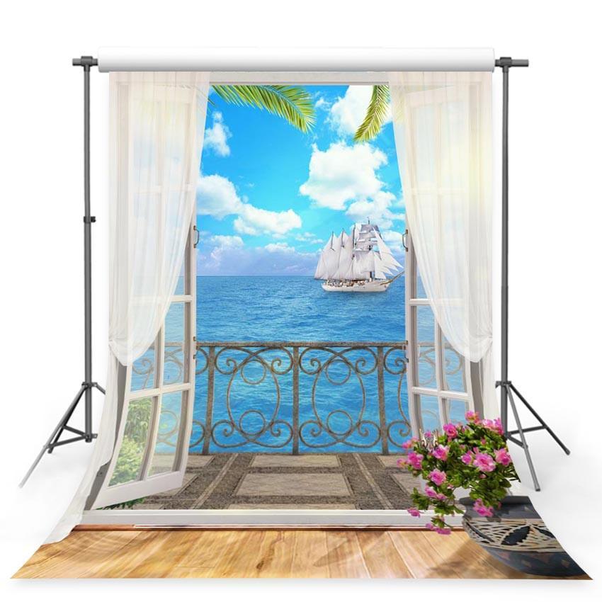White Curtain Door Backdrop Sea View Photography Background