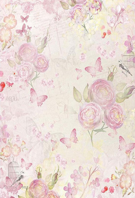Printed Pink Flowers Background  Butterflies Photography Backdrop