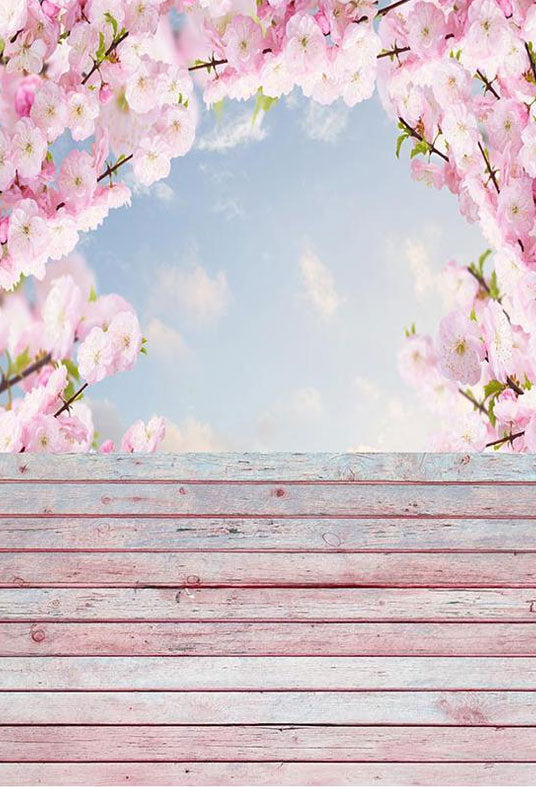Pink Peach Blossom Backdrop Wood Floor Photography Background