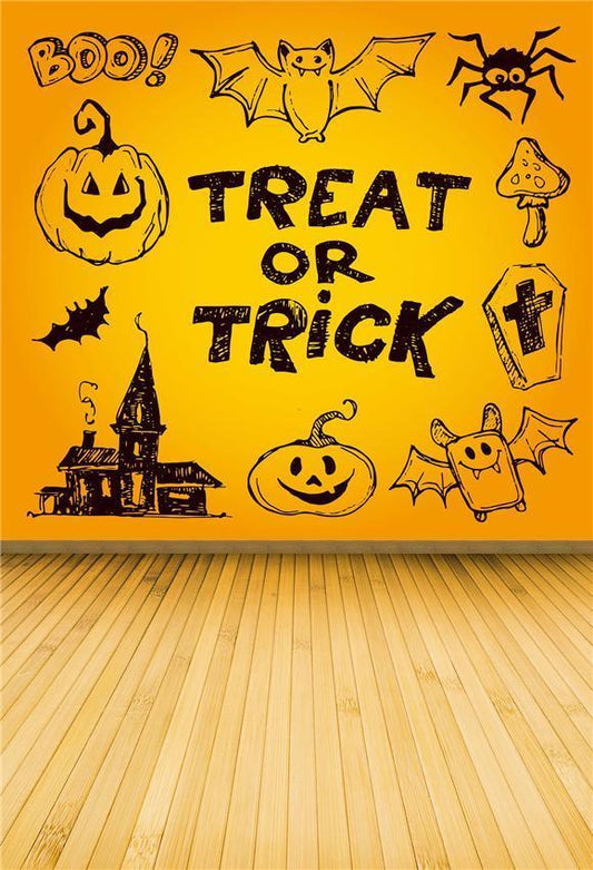 Yellow Treat or Trick Wood Floor Halloween Backdrops