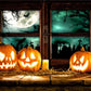 Wood Window Bright Pumpkin Halloween Backdrop