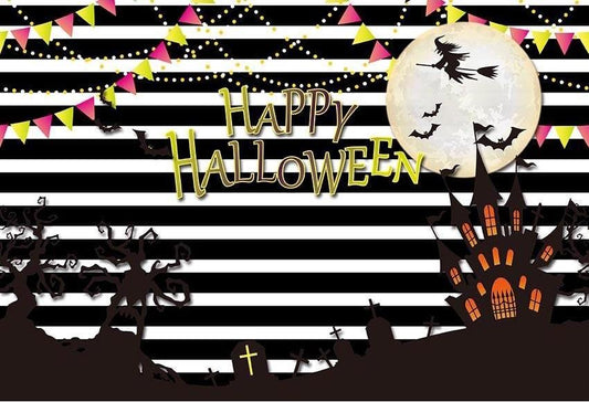 Halloween Dark Castle Bright Moon Backdrop White Black Strips Photography Background