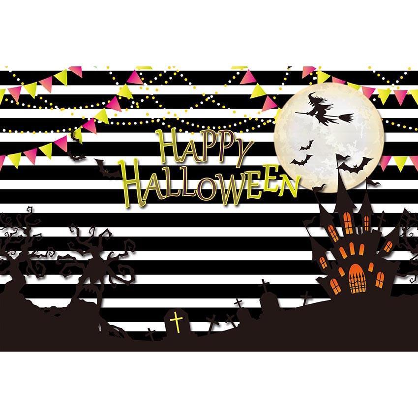 Halloween Dark Castle Bright Moon Backdrop White Black Strips Photography Background