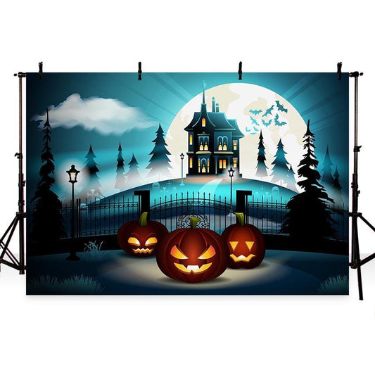 Blue Dark Castle Secret Pumpkin Backdrop for Halloween Party Photography