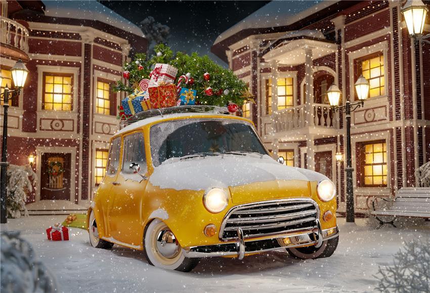 Winter Snow Old Yellow Car Christmas Backdrop
