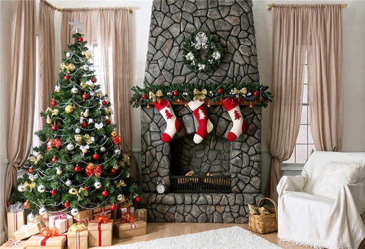 Stone Fireplace Christmas Photography Backdrops