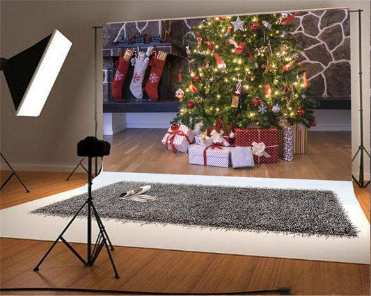 Bright Christmas Tree Backdrop Wood Floor Backdrops